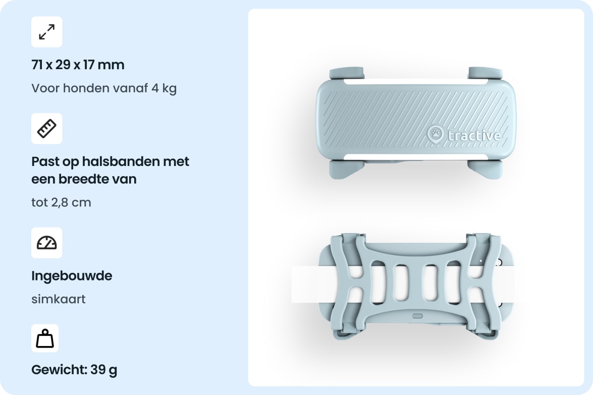 Tractive DOG 6 - Mint tracker with dimensions, collar compatibility, built-in SIM, and weight specifications.