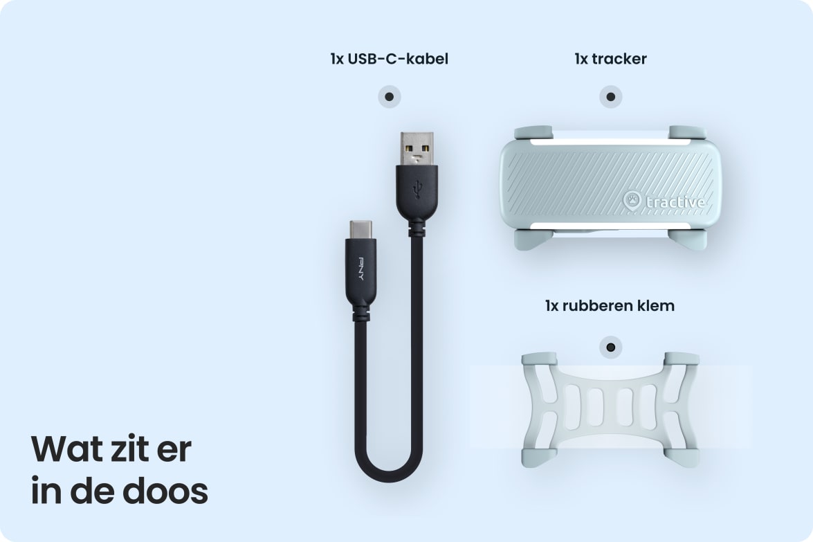 Box contents including Tractive DOG 6 - Mint tracker, USB-C cable, and rubber clip.