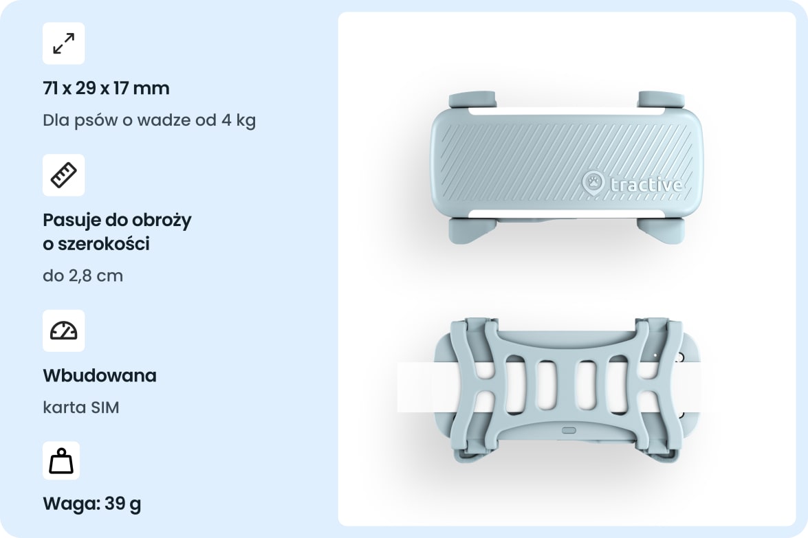 Tractive DOG 6 - Mint tracker with dimensions, collar compatibility, built-in SIM, and weight specifications.
