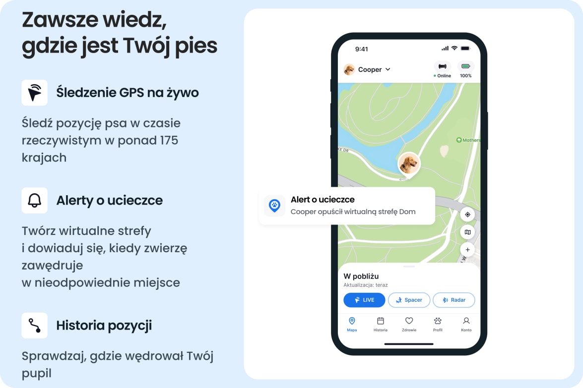 Tractive app showing live GPS tracking, escape alerts, and location history for dogs.
